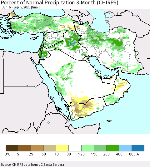 Middle East and Turkey Percent of Normal Precipitation 3-Month (CHIRPS) Thematic Map For 6/6/2023 - 9/5/2023