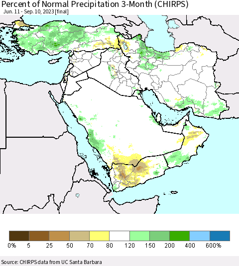 Middle East and Turkey Percent of Normal Precipitation 3-Month (CHIRPS) Thematic Map For 6/11/2023 - 9/10/2023