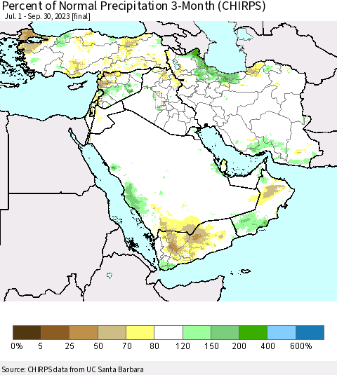 Middle East and Turkey Percent of Normal Precipitation 3-Month (CHIRPS) Thematic Map For 7/1/2023 - 9/30/2023