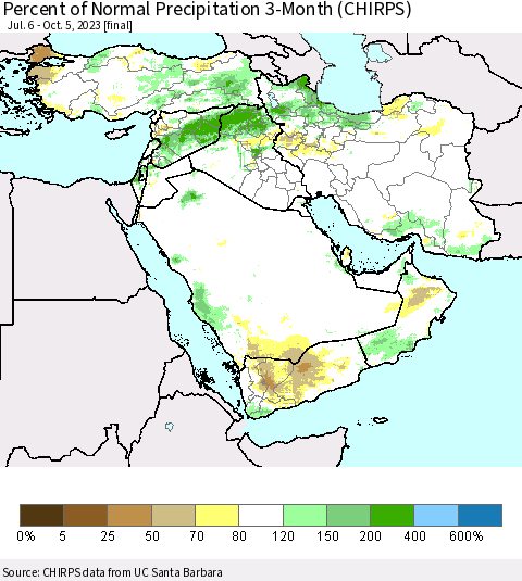 Middle East and Turkey Percent of Normal Precipitation 3-Month (CHIRPS) Thematic Map For 7/6/2023 - 10/5/2023