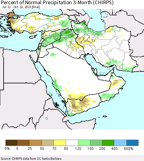 Middle East and Turkey Percent of Normal Precipitation 3-Month (CHIRPS) Thematic Map For 7/11/2023 - 10/10/2023
