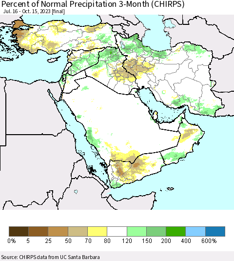 Middle East and Turkey Percent of Normal Precipitation 3-Month (CHIRPS) Thematic Map For 7/16/2023 - 10/15/2023
