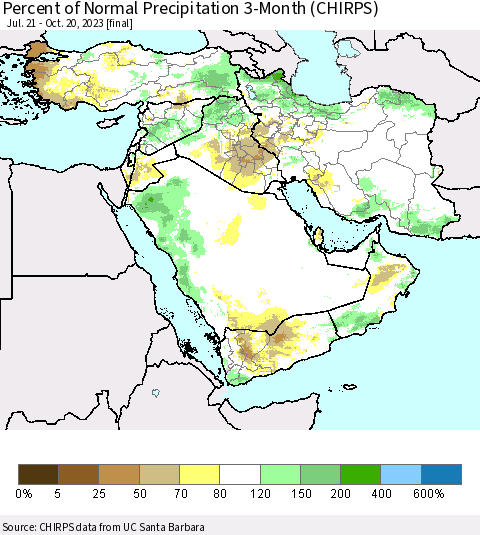 Middle East and Turkey Percent of Normal Precipitation 3-Month (CHIRPS) Thematic Map For 7/21/2023 - 10/20/2023