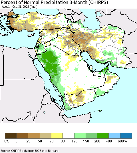 Middle East and Turkey Percent of Normal Precipitation 3-Month (CHIRPS) Thematic Map For 8/1/2023 - 10/31/2023