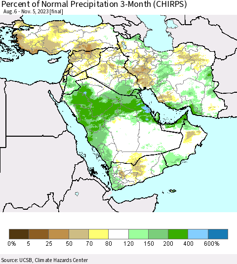 Middle East and Turkey Percent of Normal Precipitation 3-Month (CHIRPS) Thematic Map For 8/6/2023 - 11/5/2023