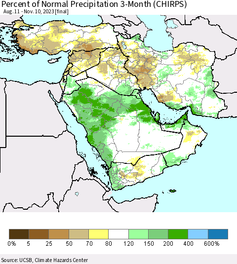 Middle East and Turkey Percent of Normal Precipitation 3-Month (CHIRPS) Thematic Map For 8/11/2023 - 11/10/2023