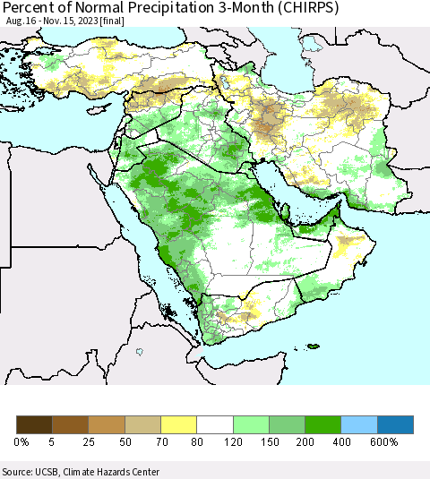 Middle East and Turkey Percent of Normal Precipitation 3-Month (CHIRPS) Thematic Map For 8/16/2023 - 11/15/2023
