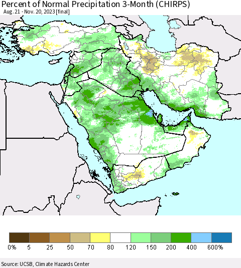 Middle East and Turkey Percent of Normal Precipitation 3-Month (CHIRPS) Thematic Map For 8/21/2023 - 11/20/2023