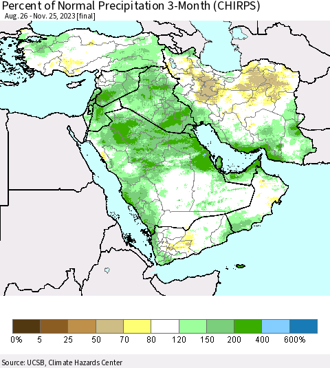 Middle East and Turkey Percent of Normal Precipitation 3-Month (CHIRPS) Thematic Map For 8/26/2023 - 11/25/2023