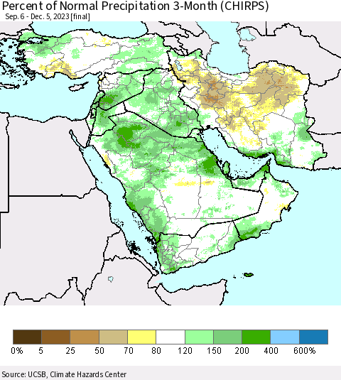 Middle East and Turkey Percent of Normal Precipitation 3-Month (CHIRPS) Thematic Map For 9/6/2023 - 12/5/2023
