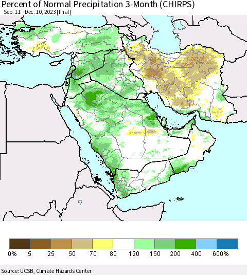 Middle East and Turkey Percent of Normal Precipitation 3-Month (CHIRPS) Thematic Map For 9/11/2023 - 12/10/2023