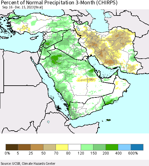 Middle East and Turkey Percent of Normal Precipitation 3-Month (CHIRPS) Thematic Map For 9/16/2023 - 12/15/2023