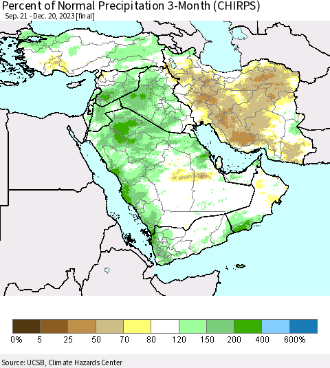 Middle East and Turkey Percent of Normal Precipitation 3-Month (CHIRPS) Thematic Map For 9/21/2023 - 12/20/2023