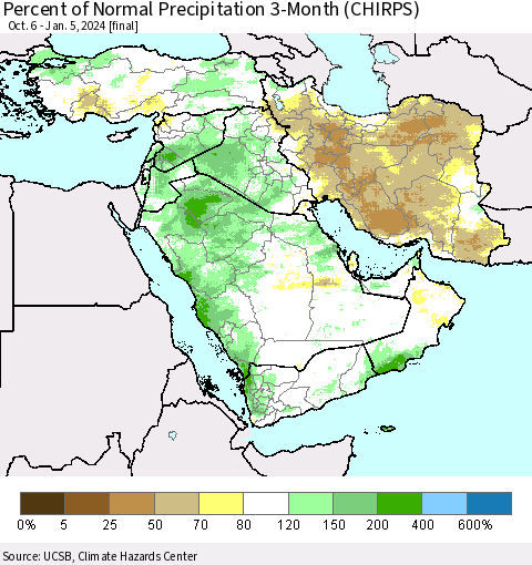 Middle East and Turkey Percent of Normal Precipitation 3-Month (CHIRPS) Thematic Map For 10/6/2023 - 1/5/2024