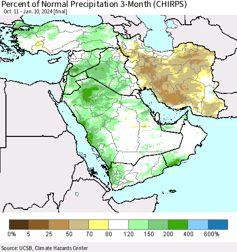 Middle East and Turkey Percent of Normal Precipitation 3-Month (CHIRPS) Thematic Map For 10/11/2023 - 1/10/2024