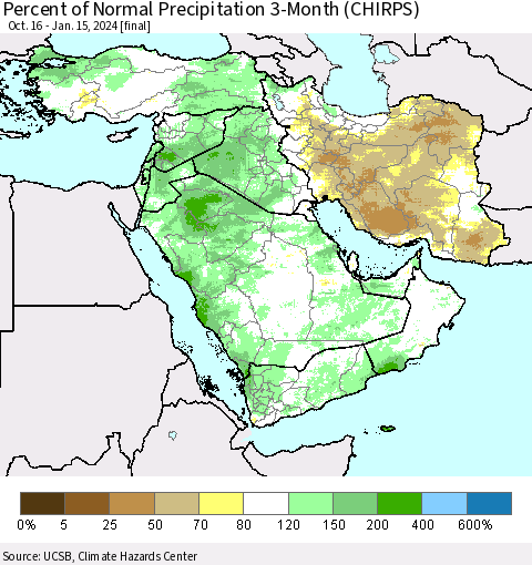 Middle East and Turkey Percent of Normal Precipitation 3-Month (CHIRPS) Thematic Map For 10/16/2023 - 1/15/2024