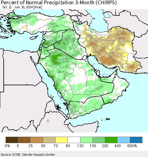 Middle East and Turkey Percent of Normal Precipitation 3-Month (CHIRPS) Thematic Map For 10/21/2023 - 1/20/2024