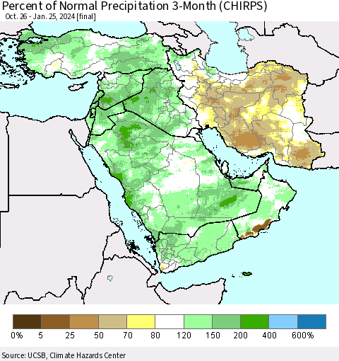 Middle East and Turkey Percent of Normal Precipitation 3-Month (CHIRPS) Thematic Map For 10/26/2023 - 1/25/2024