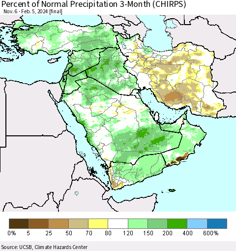 Middle East and Turkey Percent of Normal Precipitation 3-Month (CHIRPS) Thematic Map For 11/6/2023 - 2/5/2024