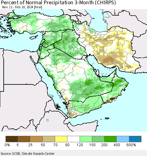 Middle East and Turkey Percent of Normal Precipitation 3-Month (CHIRPS) Thematic Map For 11/11/2023 - 2/10/2024
