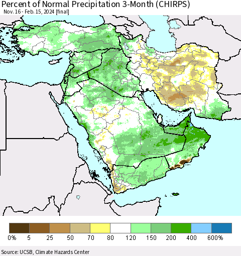 Middle East and Turkey Percent of Normal Precipitation 3-Month (CHIRPS) Thematic Map For 11/16/2023 - 2/15/2024