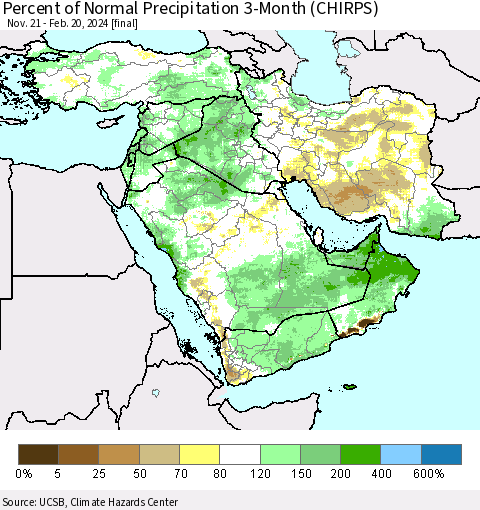 Middle East and Turkey Percent of Normal Precipitation 3-Month (CHIRPS) Thematic Map For 11/21/2023 - 2/20/2024