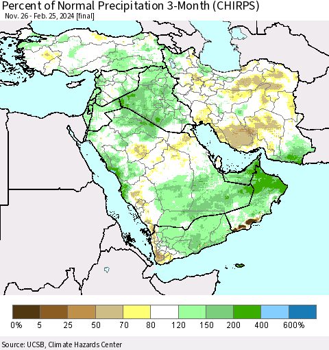 Middle East and Turkey Percent of Normal Precipitation 3-Month (CHIRPS) Thematic Map For 11/26/2023 - 2/25/2024