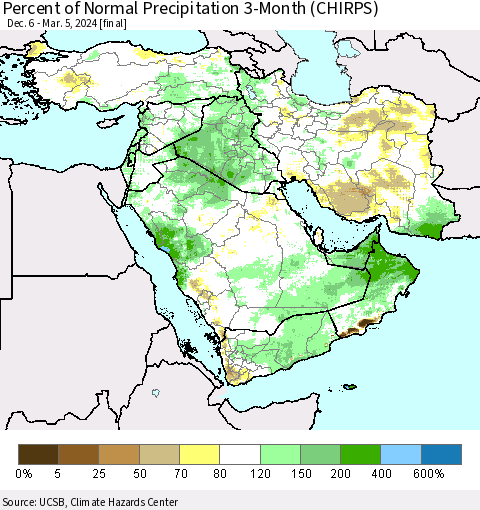 Middle East and Turkey Percent of Normal Precipitation 3-Month (CHIRPS) Thematic Map For 12/6/2023 - 3/5/2024