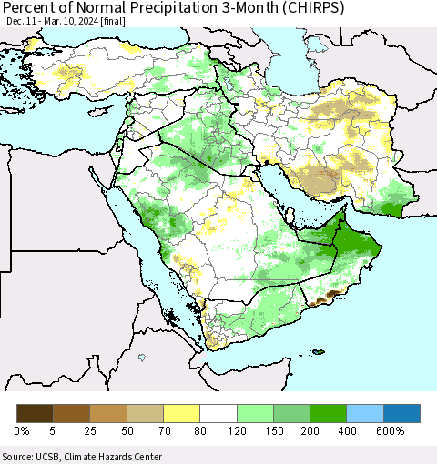Middle East and Turkey Percent of Normal Precipitation 3-Month (CHIRPS) Thematic Map For 12/11/2023 - 3/10/2024
