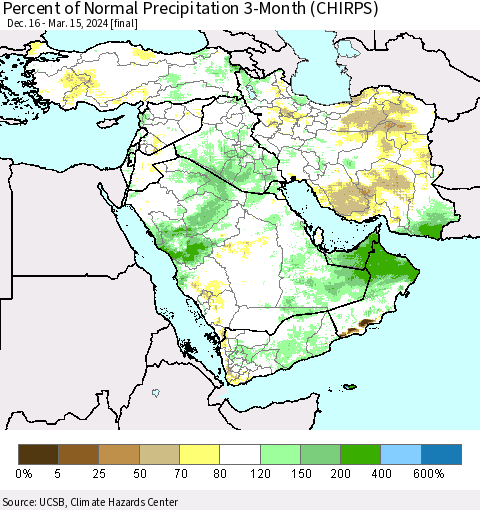 Middle East and Turkey Percent of Normal Precipitation 3-Month (CHIRPS) Thematic Map For 12/16/2023 - 3/15/2024