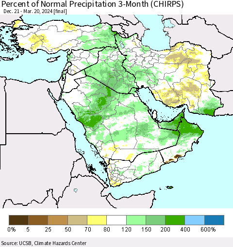 Middle East and Turkey Percent of Normal Precipitation 3-Month (CHIRPS) Thematic Map For 12/21/2023 - 3/20/2024
