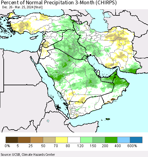 Middle East and Turkey Percent of Normal Precipitation 3-Month (CHIRPS) Thematic Map For 12/26/2023 - 3/25/2024