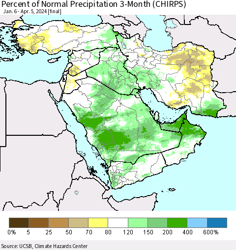 Middle East and Turkey Percent of Normal Precipitation 3-Month (CHIRPS) Thematic Map For 1/6/2024 - 4/5/2024