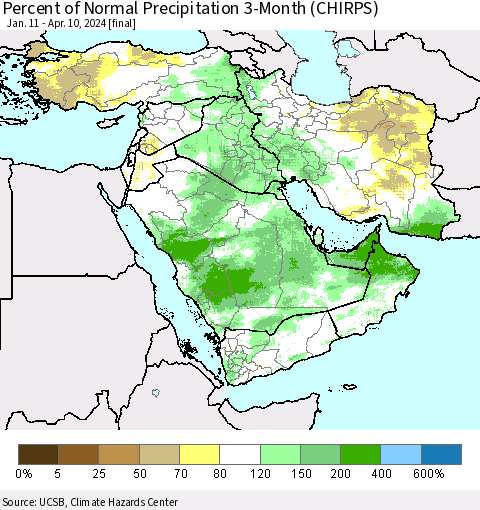 Middle East and Turkey Percent of Normal Precipitation 3-Month (CHIRPS) Thematic Map For 1/11/2024 - 4/10/2024