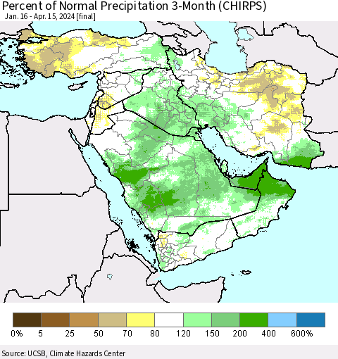 Middle East and Turkey Percent of Normal Precipitation 3-Month (CHIRPS) Thematic Map For 1/16/2024 - 4/15/2024
