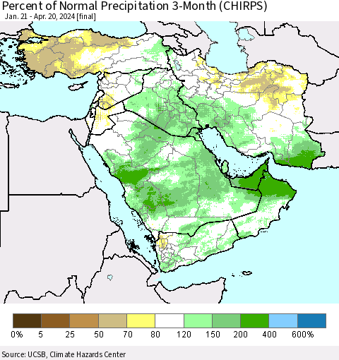 Middle East and Turkey Percent of Normal Precipitation 3-Month (CHIRPS) Thematic Map For 1/21/2024 - 4/20/2024