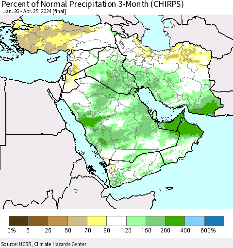 Middle East and Turkey Percent of Normal Precipitation 3-Month (CHIRPS) Thematic Map For 1/26/2024 - 4/25/2024