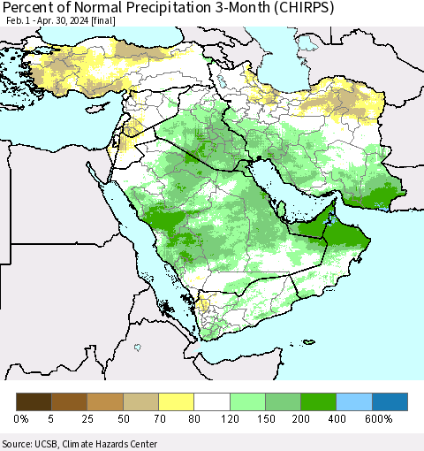 Middle East and Turkey Percent of Normal Precipitation 3-Month (CHIRPS) Thematic Map For 2/1/2024 - 4/30/2024