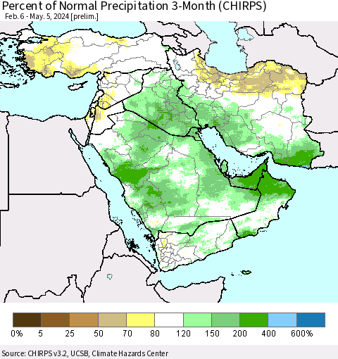Middle East and Turkey Percent of Normal Precipitation 3-Month (CHIRPS) Thematic Map For 2/6/2024 - 5/5/2024