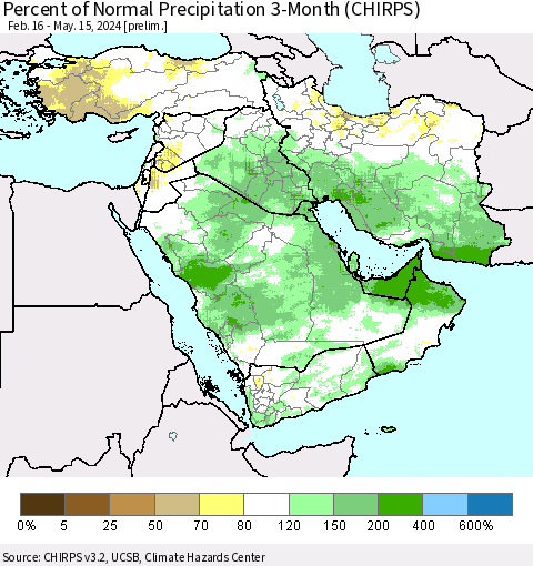 Middle East and Turkey Percent of Normal Precipitation 3-Month (CHIRPS) Thematic Map For 2/16/2024 - 5/15/2024