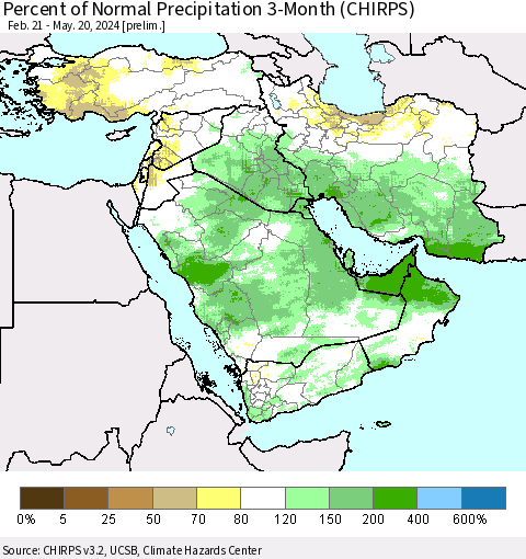 Middle East and Turkey Percent of Normal Precipitation 3-Month (CHIRPS) Thematic Map For 2/21/2024 - 5/20/2024