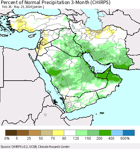 Middle East and Turkey Percent of Normal Precipitation 3-Month (CHIRPS) Thematic Map For 2/26/2024 - 5/25/2024