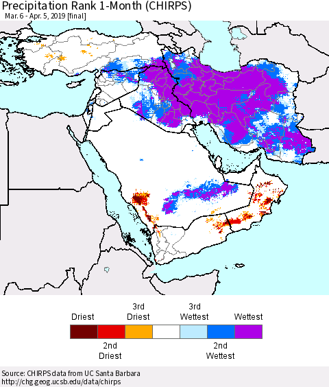 Middle East and Turkey Precipitation Rank since 1981, 1-Month (CHIRPS) Thematic Map For 3/6/2019 - 4/5/2019