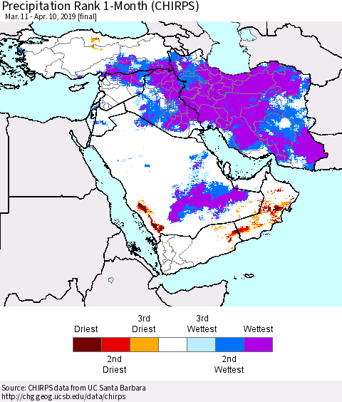 Middle East and Turkey Precipitation Rank since 1981, 1-Month (CHIRPS) Thematic Map For 3/11/2019 - 4/10/2019