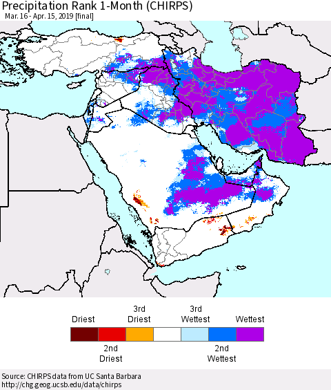 Middle East and Turkey Precipitation Rank since 1981, 1-Month (CHIRPS) Thematic Map For 3/16/2019 - 4/15/2019