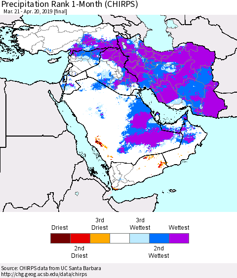 Middle East and Turkey Precipitation Rank since 1981, 1-Month (CHIRPS) Thematic Map For 3/21/2019 - 4/20/2019