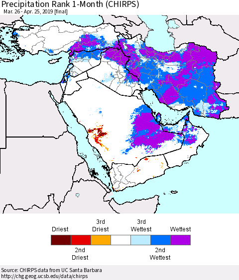 Middle East and Turkey Precipitation Rank since 1981, 1-Month (CHIRPS) Thematic Map For 3/26/2019 - 4/25/2019