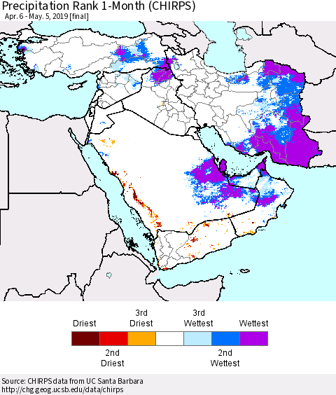 Middle East and Turkey Precipitation Rank since 1981, 1-Month (CHIRPS) Thematic Map For 4/6/2019 - 5/5/2019