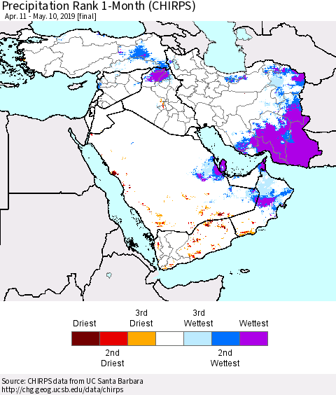 Middle East and Turkey Precipitation Rank since 1981, 1-Month (CHIRPS) Thematic Map For 4/11/2019 - 5/10/2019