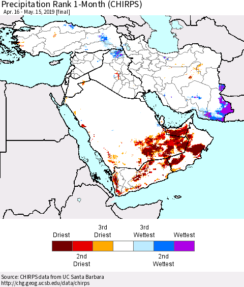 Middle East and Turkey Precipitation Rank since 1981, 1-Month (CHIRPS) Thematic Map For 4/16/2019 - 5/15/2019
